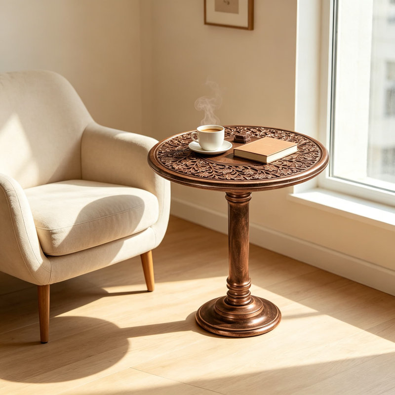 Table de bout en bois avec piédestal sculpté, table d'appoint fabriquée à la main en bois de manguier massif pour le salon, la chambre à coucher, la table de chevet décorative pour les livres, les plantes et la décoration