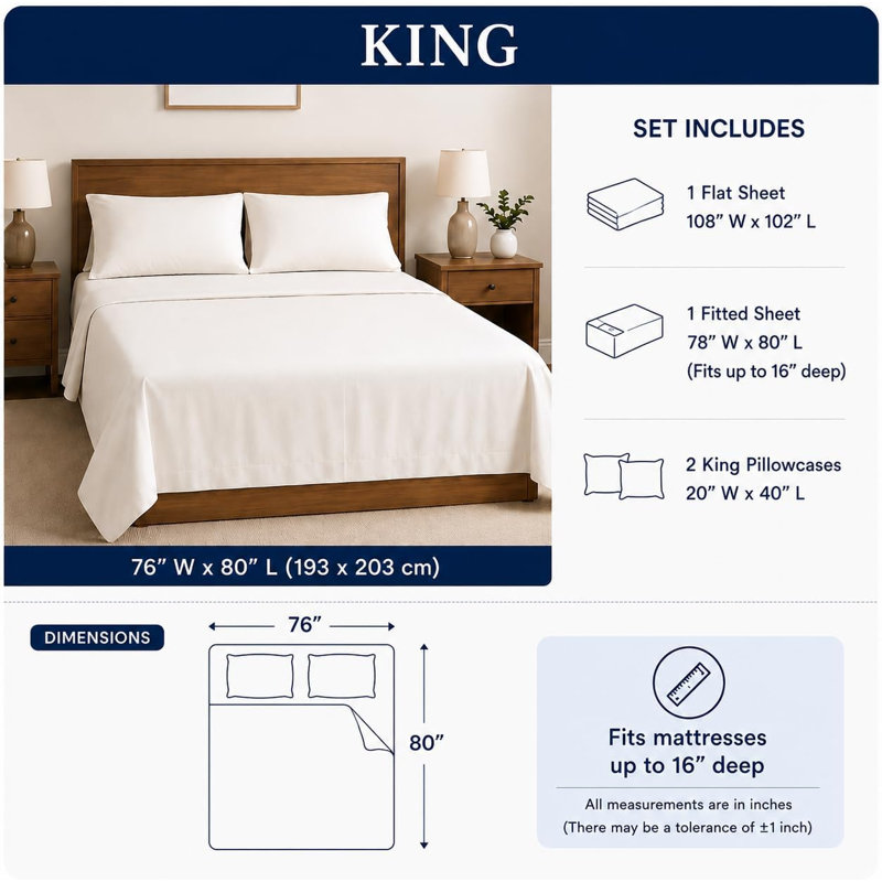 Ensemble de draps 100 % coton pur, 475 fils/cm² - King, Très grand lit, Ivoire ivoire