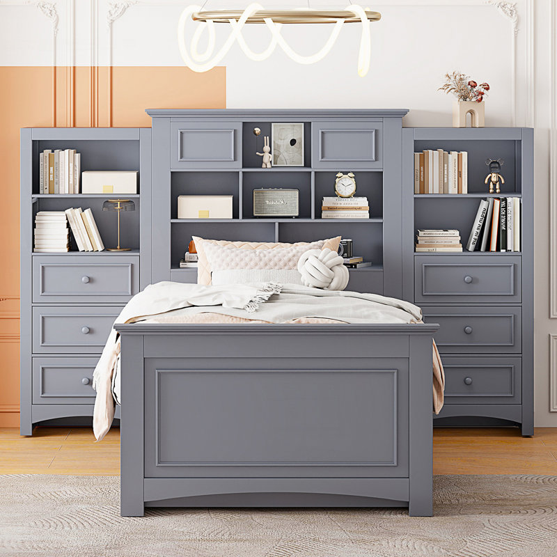 Lit plateforme simple avec armoire verticale tout-en-un et 4 tiroirs de chaque côté, Gris