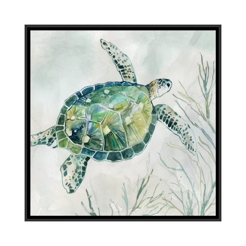 «Seaglass Turtle I» par Carol Robinson - reproduction, H 18 po x l 18 po x 1,5 po, Toile avec cadre noir, Pas de tapis
