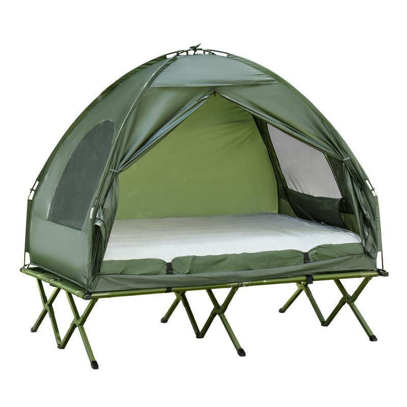 Outsunny 2 Person Foldable Camping Cot with Tent, Bedspread and Thick Air Mattress, 4-In-1 Elevated Camping Bed Tent