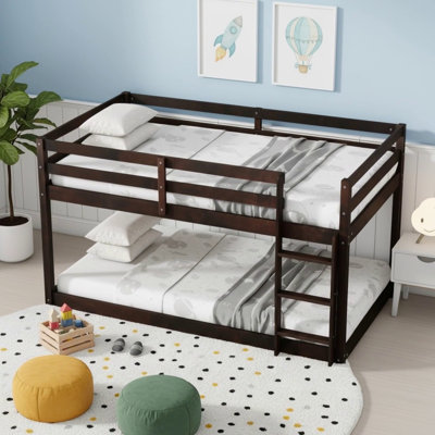 Solid Wooden Twin Over Twin Floor Bunk Bed With Ladder, Strengthened Slats, And  For Optimal Space Utilization