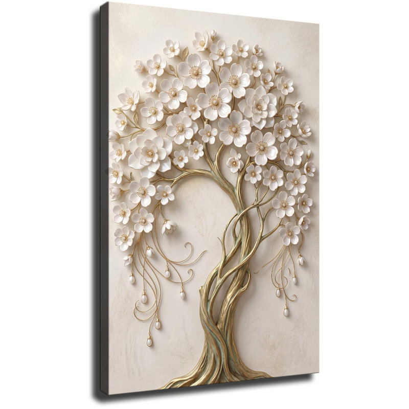Glamour Golden White Floral Tree, impression sur toile tendue, 28 po x 40 po