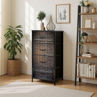 4 Drawer Vertical Storage Dresser Iron ornaments wooden church door with Fabric Pull Drawers by Ebern Designs