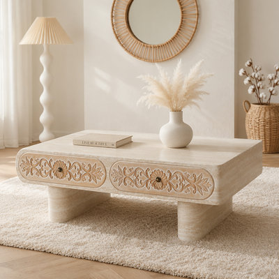 Table basse à bord arrondi avec tiroir en bois massif à motif floral, table basse de salon, bureau