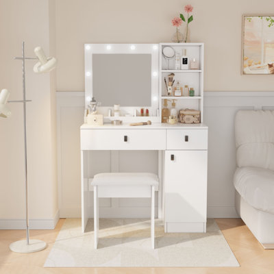 31.5" Makeup Vanity Desk with Mirror and Lights, 3 Lighting Modes, Vanity Set with Stool, Dressing Table with Adjustable Shelves,2 Drawers and Side Ca