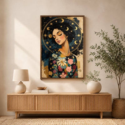 Woman Floral Attire Crescent Moons Celestial Symbols Canvas Wall Art Print with Floating Frame, Ready to Hang