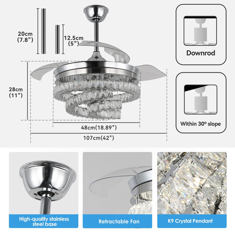 42'' Dimmable Ceiling Fan With Light And Remote Crystal Modern Chandelier Fan Retractable Fandelier With Memory, Silent Motor, 6 Speed, 3 Colour Change, Timer Function(Gold)