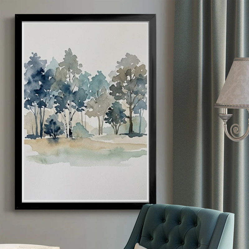 Scène de forêt moderne et abstraite: arbres dans des tons bleus et verts, style aquarelle. Toile encadrée 24 "x 36" avec cadre en bois noir