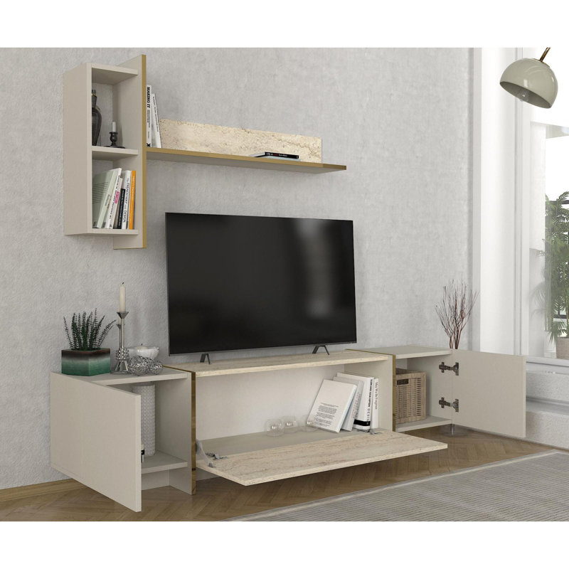 Modern TV Unit with Wall Fixing, Travertine & Sandstone Color, 70.0 x 17.0 x 12.8 inches | 100% Melamine Coated Particle Board, 0.7 inches Thick | Numerous Shelves for Storage, Stylish and Functional Design