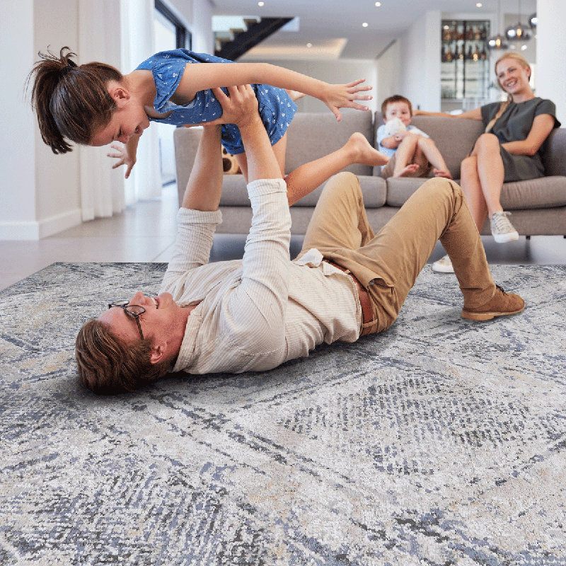 Blue/Grey Geometric Non-Shedding Area Rug - Stain Resistant For Living Room, Bedroom, Dining Room, And Home Office