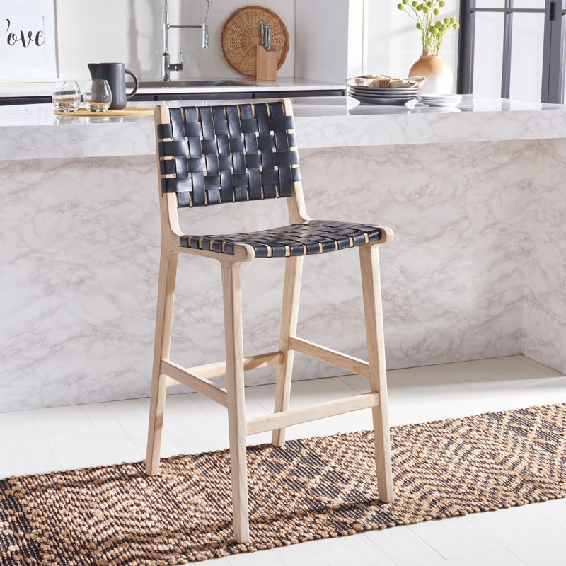 Alston Upholstered Counter Stool with Solid Wood Frame, Black Leather/Natural Unfinished Frame