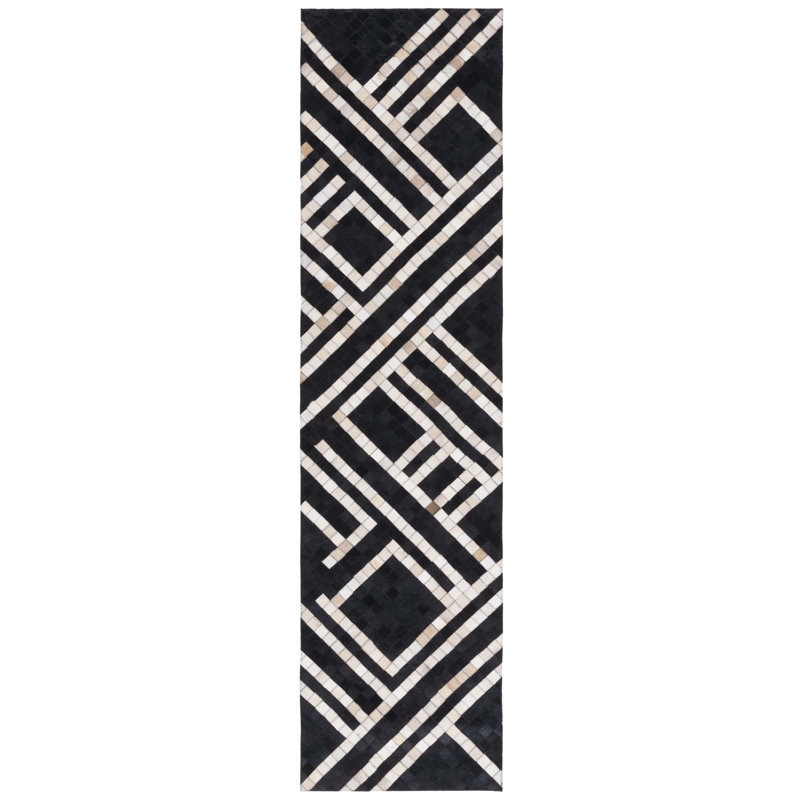Studio Leather Flat Weave Hair On Leather Geometric Rug, Runner 2'3" x 9'