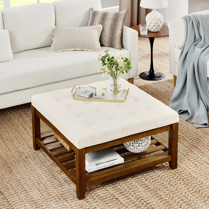 Table basse rembourrée carrée 34,25 po avec tablette et cadre en bois de hêtre, Ivoire