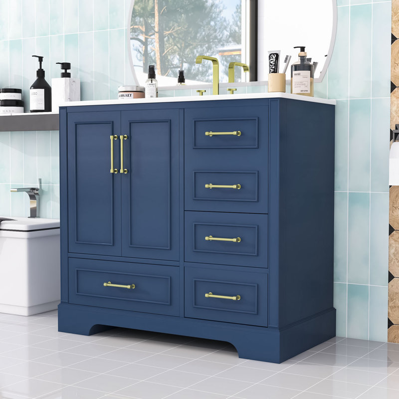 Meuble-lavabo simple élégant avec lavabo en céramique, portes à fermeture en douceur et grand espace de rangement, Bleu