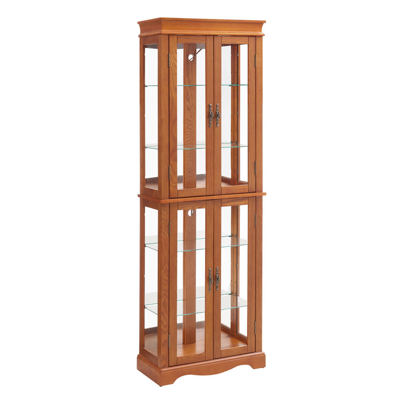 70.08" Freestanding Lighted Glass Curio Display Cabinet,Glass Wine Cabinet Square Top Trim Wood Frame,Toy Display For Living Room, Kitchen,Cherry