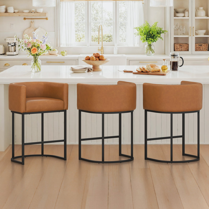 Tabouret de comptoir rembourré 26 "avec structure en métal Jessica, Noir, Brun jaunâtre / similicuir