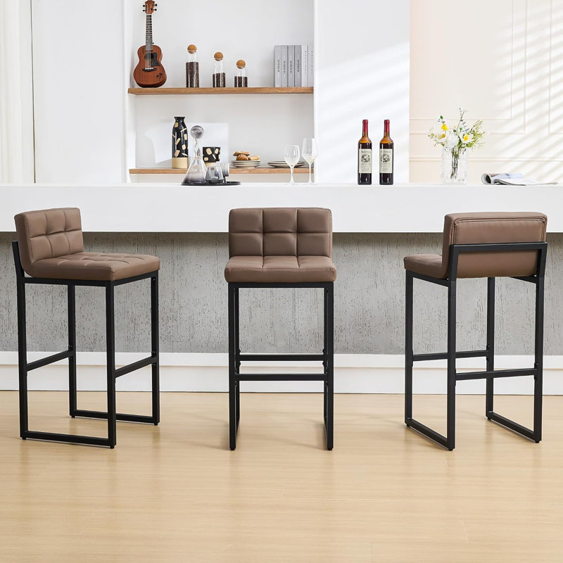 Tabouret de bar rembourré à dossier bas avec structure en métal épaissie pour îlot de cuisine, 3, Brun