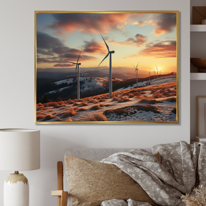 «Sunset Wind Turbines Mountain View II - Wind Turbines», art mural, Cadre flottant doré, H 44 po x l 34 po x P 1,5 po