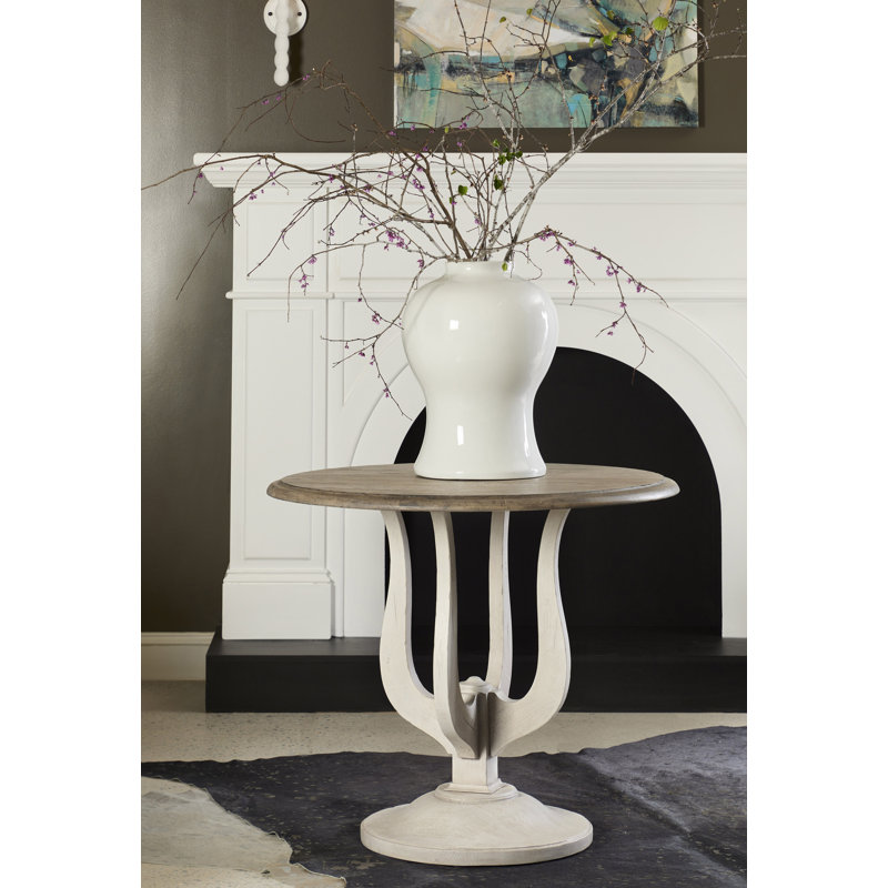 Beige and White Round Wood Entry Table with Harp Base