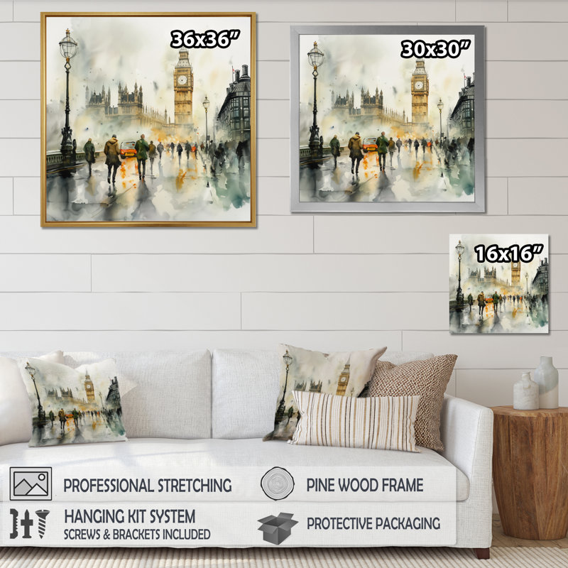 Vue pluvieuse de Big Ben à Londres II - décoration murale City London, H 30 po x l 30 po, Reproduction encadrée, Noir