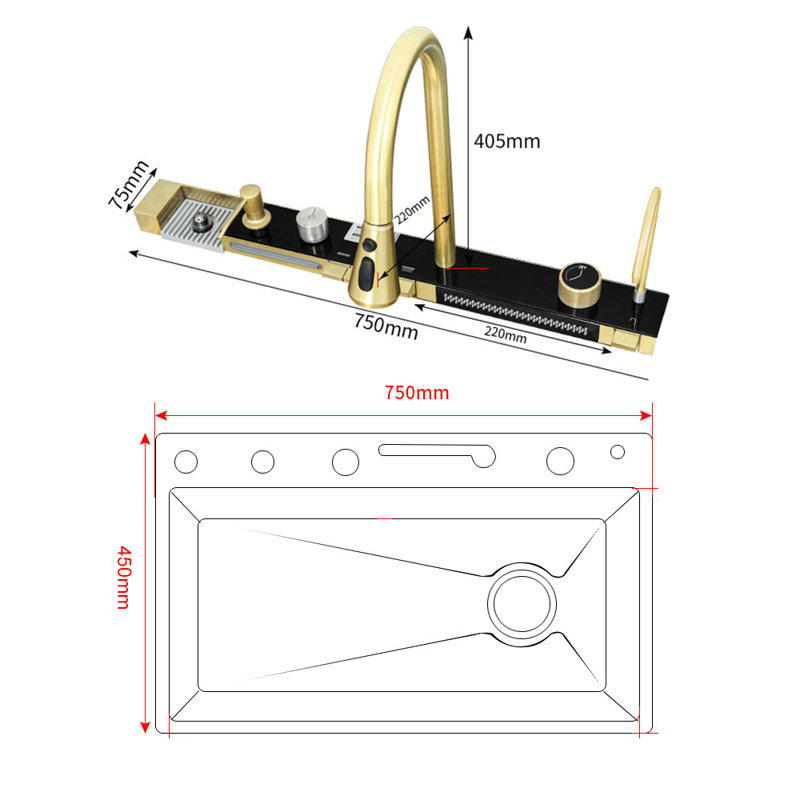 Évier de cuisine Mosson 29,5 pouces, fini or brossé, avec robinet extractible, distributeur de savon et planche à découper