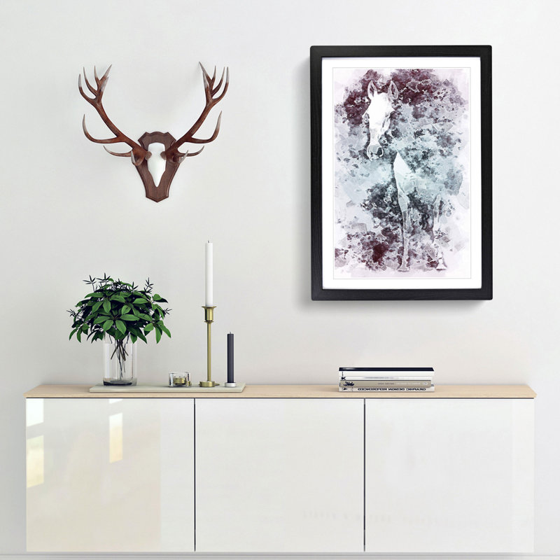 White Horse in the Clouds in Abstract - Picture Frame Painting Print, 50cm H x 35cm W x 2cm D, Black