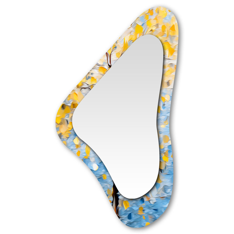 Vibrant Yellow Autumn Tree Blue Sky - Tree Floral Modern Asymmetrical Decorative Wall Mirror