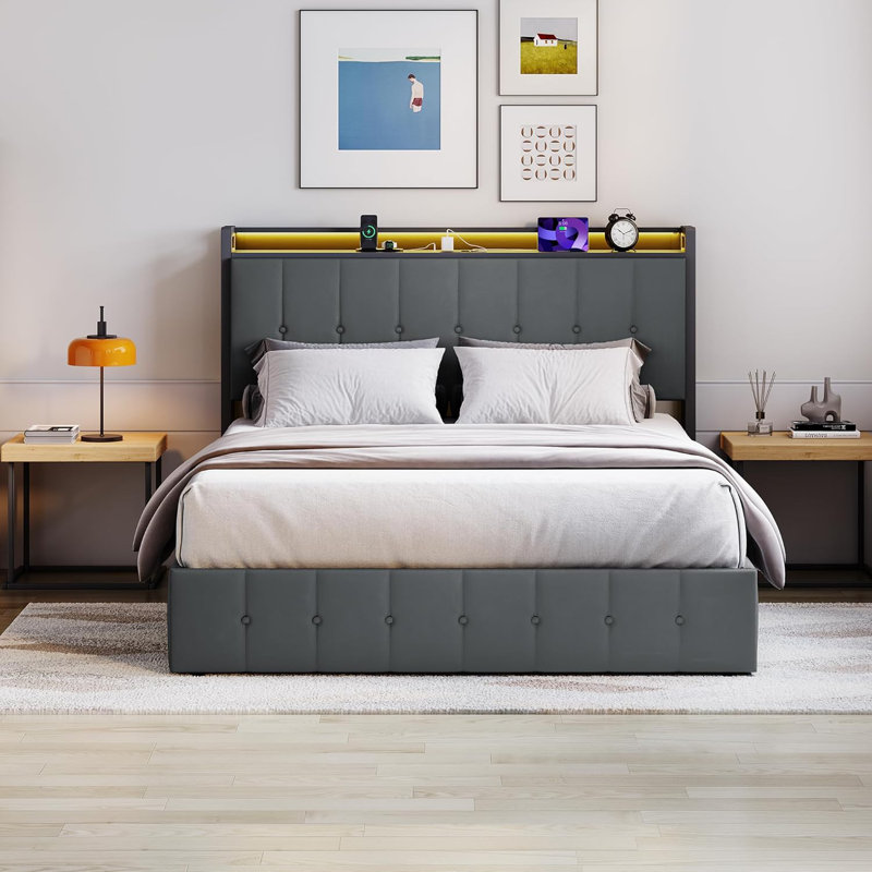 Structure de grand lit avec rangement relevable, lit en velours rembourré avec lumières DEL et prises de courant, gris, Grand
