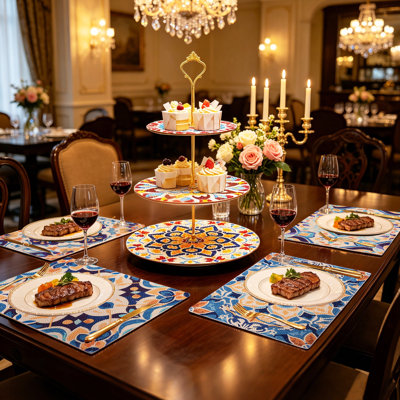Ensemble de salle à manger mexicain à motif de losanges, comprenant 4 napperons à motif floral et 3 plateaux à dessert