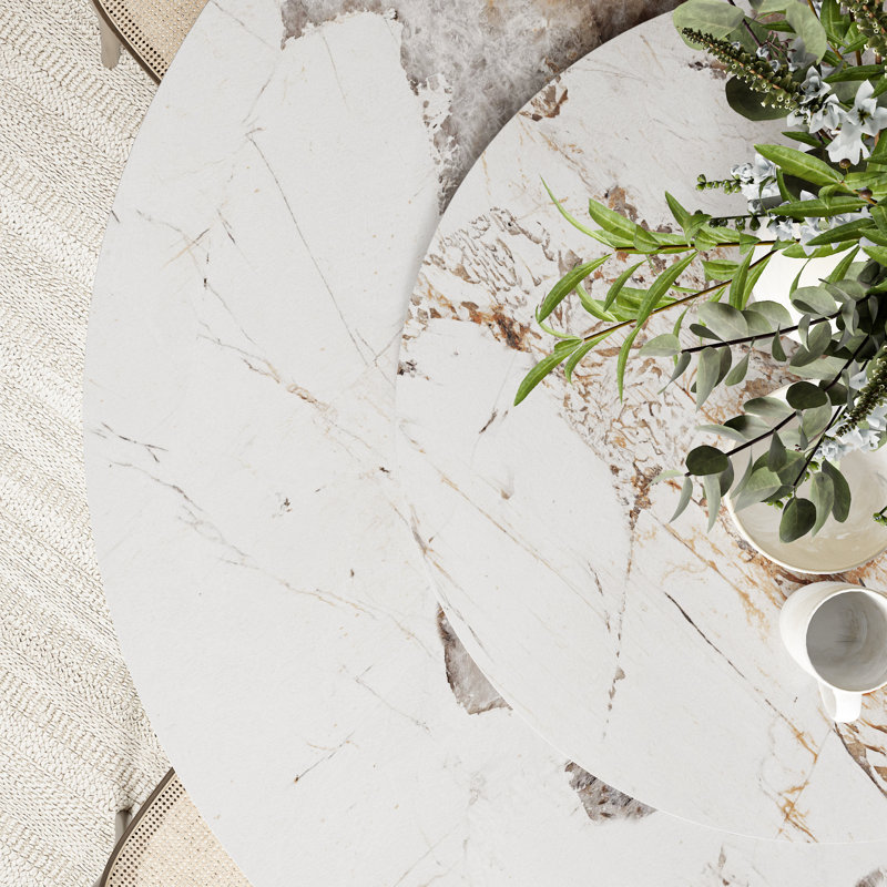 Aversa Modern Round Dining Table, Sintered Stone & Travertine Top With Lazy Susan | 1-Step Assembly, Farmhouse Kitchen Table For Dining Room