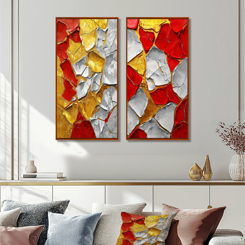 «Abstract Fiery Fragmented Balance I», collection d'art mural abstrait 2 pièces, H 28 po x l 25 po, Cadre flottant brun