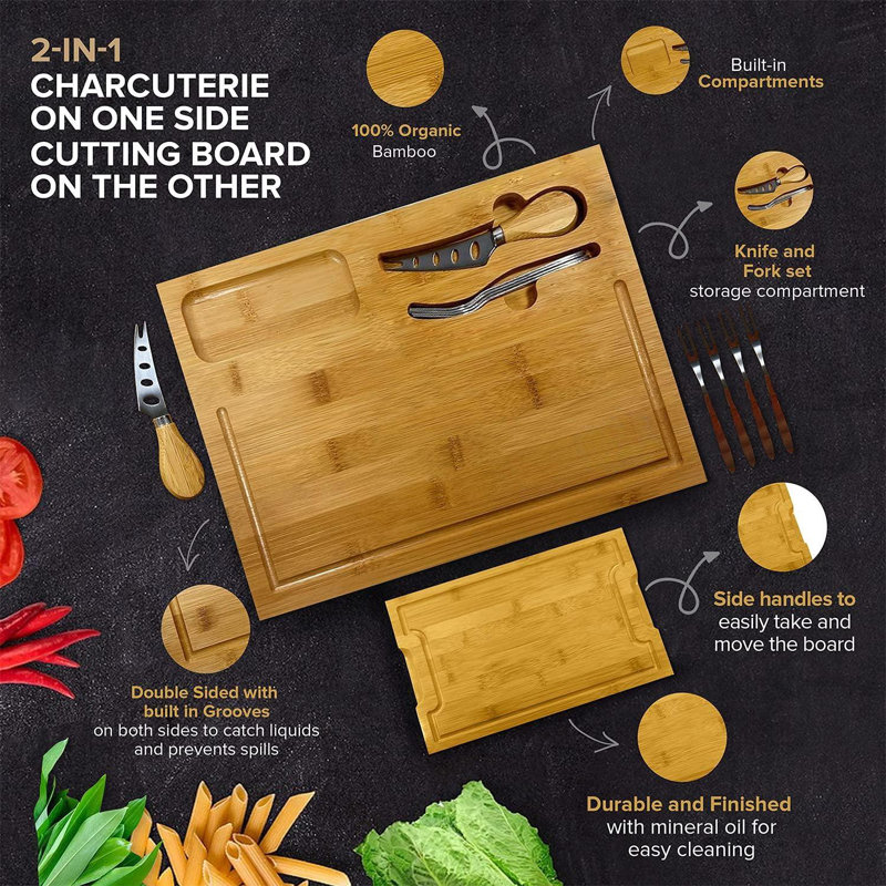 Bamboo Rectangular Cheese and Charcuterie Board Set with Knife Set