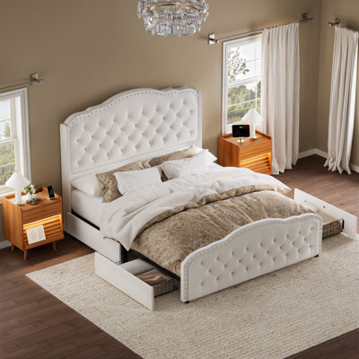 Larimore 3 Piece Bedroom Sets,Upholstered Bed With 4 Drawers& 2 Slanted Nightstand