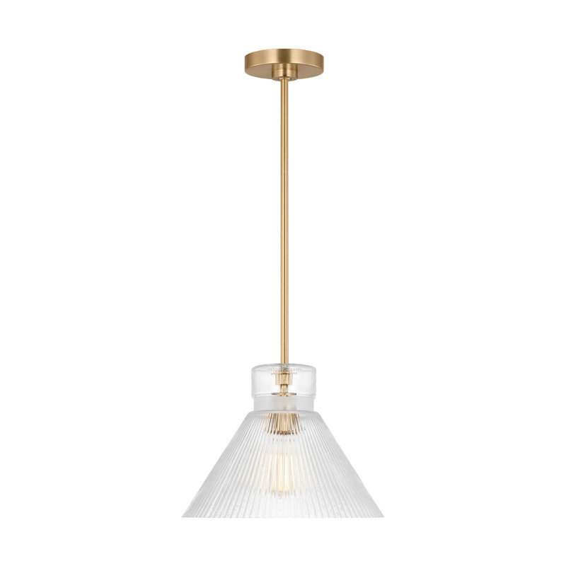 Luminaire suspendu de cuisine 1 lumière Liouet en laiton satiné avec abat-jour côtelé transparent, Laiton satiné