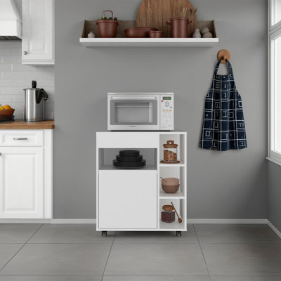 Chariot à micro-ondes Jud avec 5 tablettes, 1 porte, rangement pour armoire et roulettes, blanc