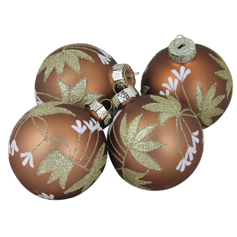 Northlight 4ct Brown and Gold 2-Finish Floral Glass Christmas Ball Ornaments 3.25 inch (80mm)