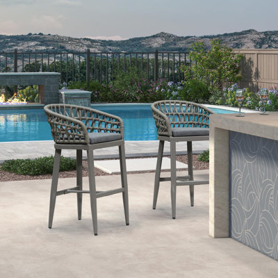 Outdoor Wicker 29" Bar Stools Set Of 2, Boho Patio Bar Height Chair With Cushion