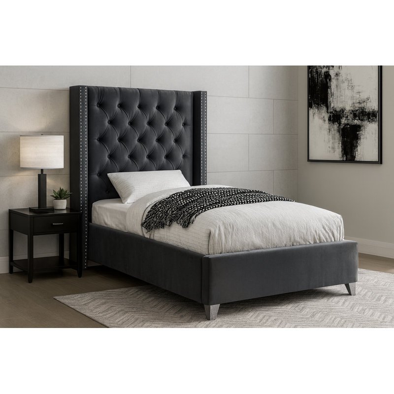 Joclynn Upholstered Wingback Bed, Twin, Grey Velvet, Chrome