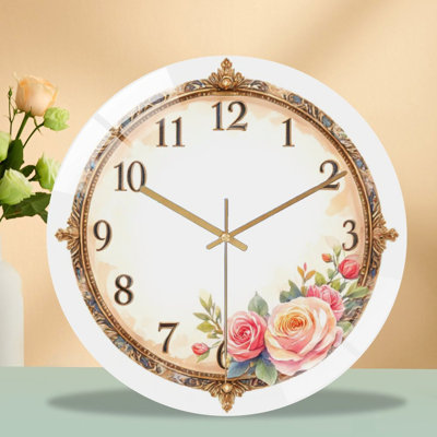 Ornate Clock Adorned with Roses Art - 12'' Modern Glass Wall Clock