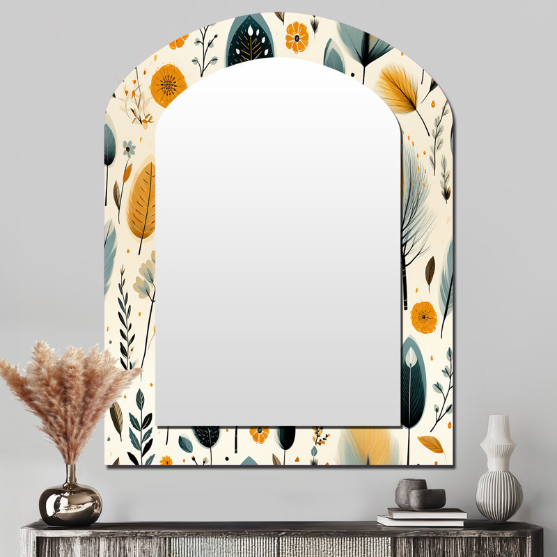Nature Inspired Wanderer Boho Pattern - Botanical Asymmetrical Decorative Wall Mirror, Boho Arch Mirror, Printed Metal Art
