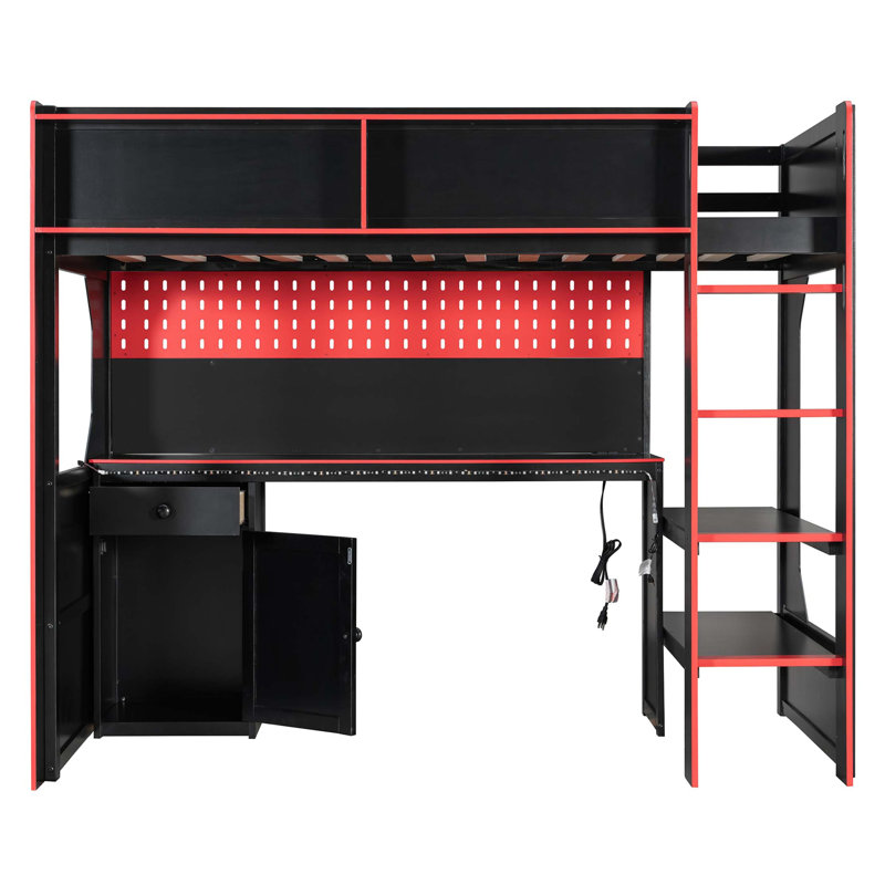 Lit mezzanine Modern Gaming avec bureau intégré et station de charge, Black;Red