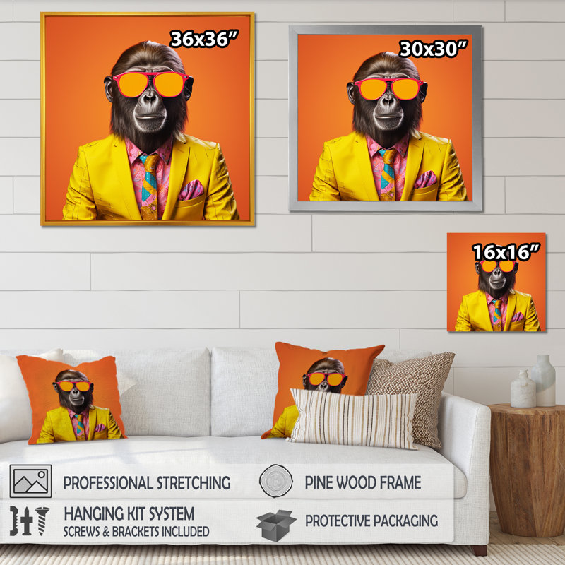 Décoration murale singe jaune et orange, H 16 po x l 16 po x P 1 po, Cadre simple noir