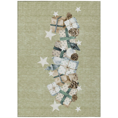 Machine Washable Indoor/Outdoor Christmas Presents Xhevrie Aloe Rug