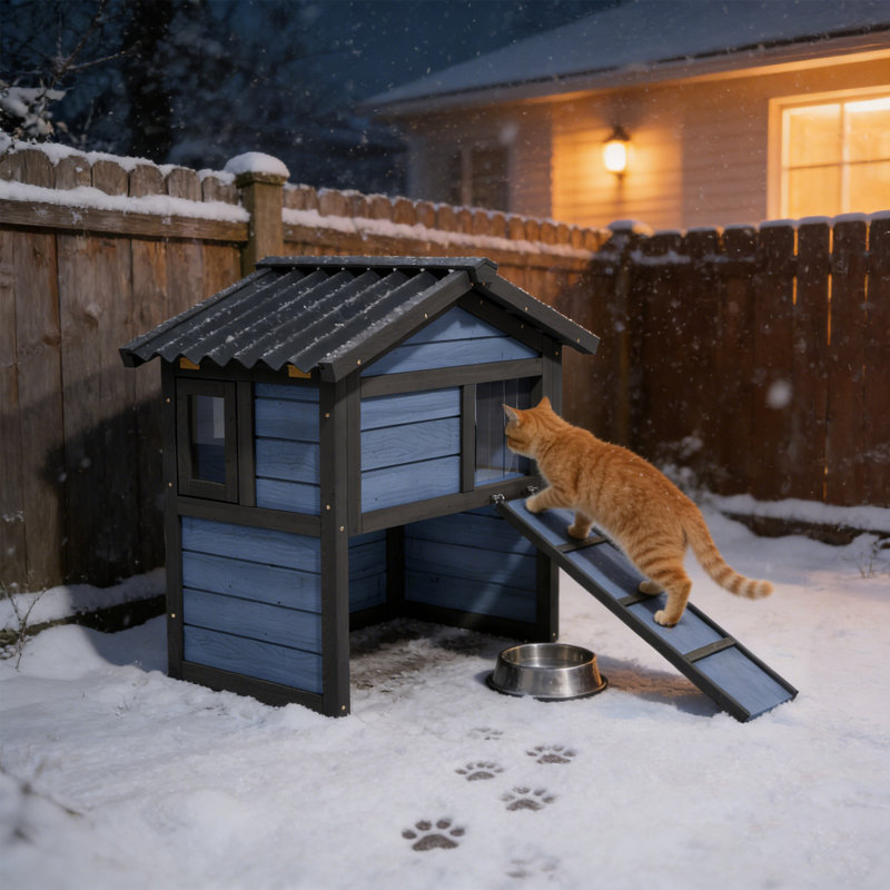 Maison pour chat extérieure résistante aux intempéries avec toit ouvrant et porte de secours, bleu