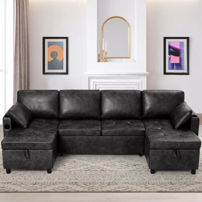Canapé-lit modulaire en forme de U de 108 po avec dossier réglable, canapé-lit réversible escamotable avec rangement, canapé-lit en suède convertible avec port de chargement USB pour le salon, la maison