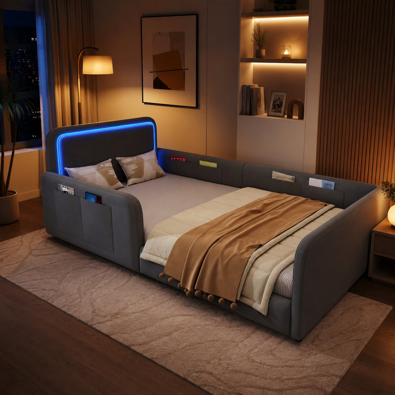 Single Bed Frame 90×200cm with LED Light & Storage Pockets, Gray