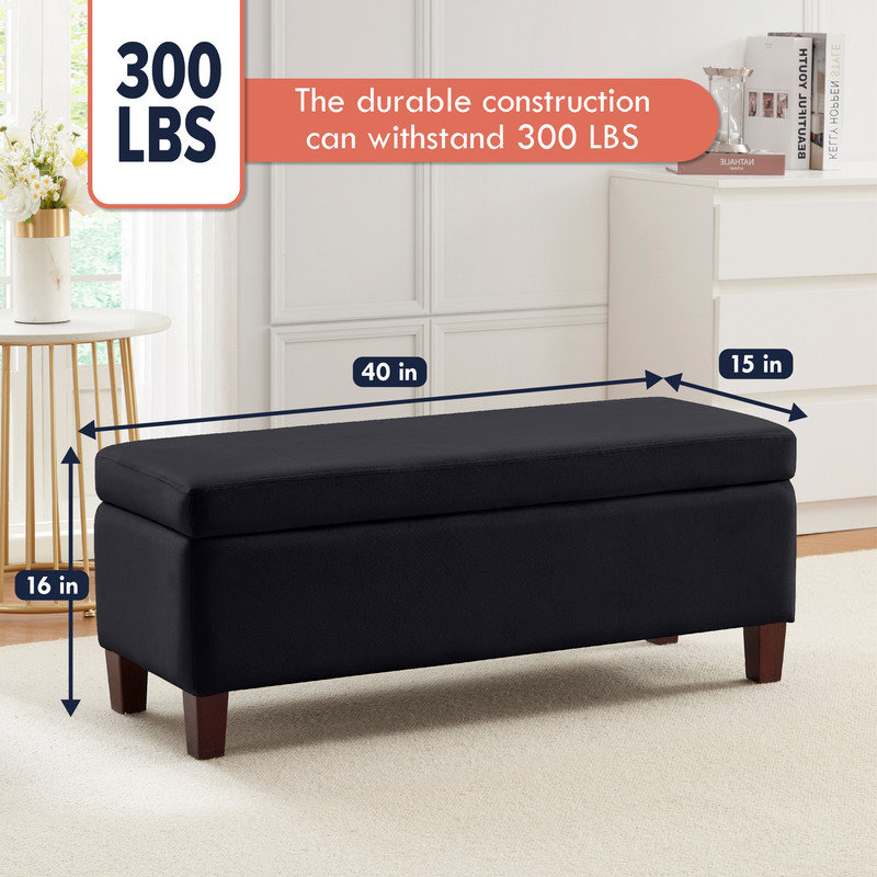 Upholstered Storage Bench, Black Velvet