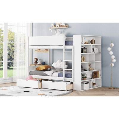 Lit simple superposé au-dessus, blanc avec espace de tiroir supplémentaire et armoire - Maximiser la fonction de la chambre à coucher
