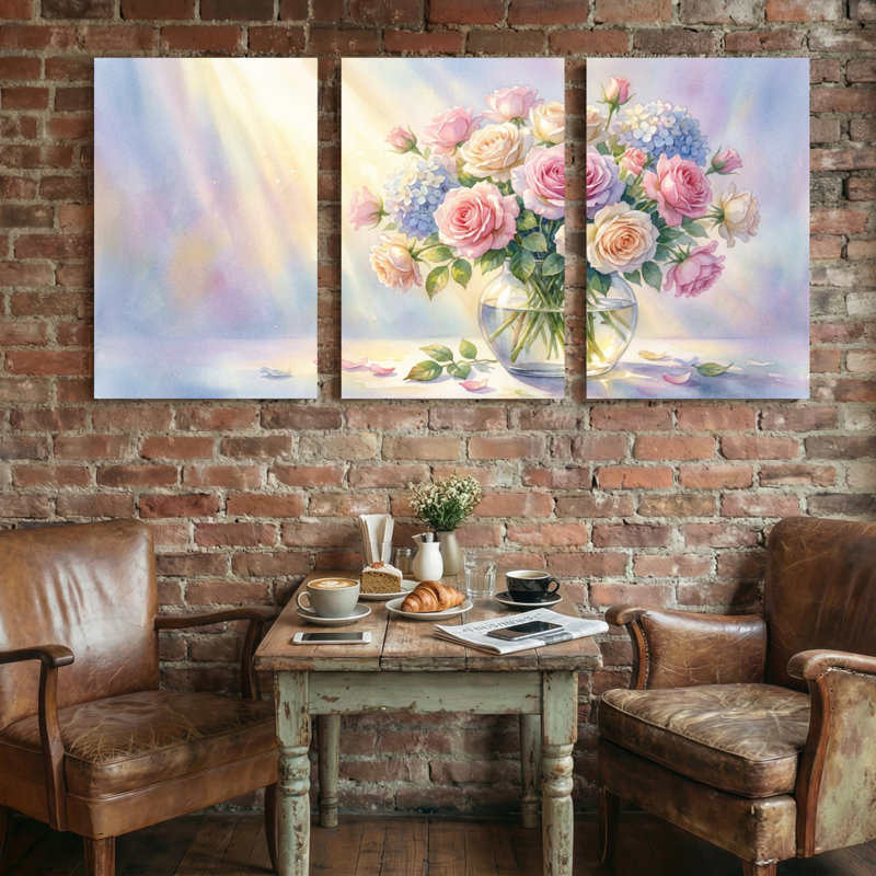 Plantes et fleurs roses dans un vase avec des rayons de lumière, ensemble de 3 impressions sur toile, H 30 po x l 60 po